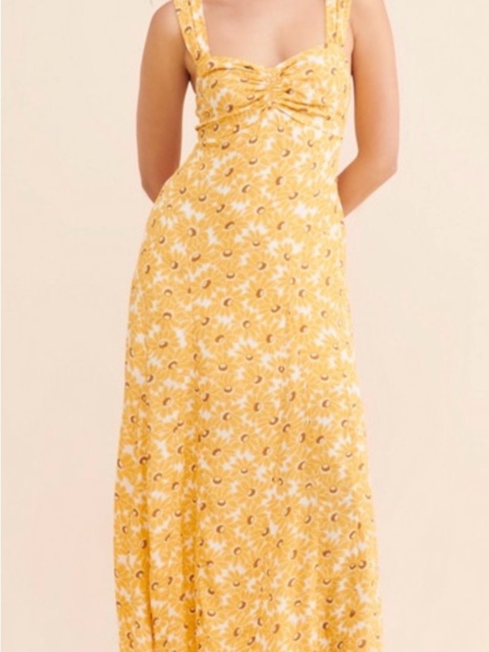 Free People Rosalee Midi Dress Yellow Sunflower Print with open back - size S